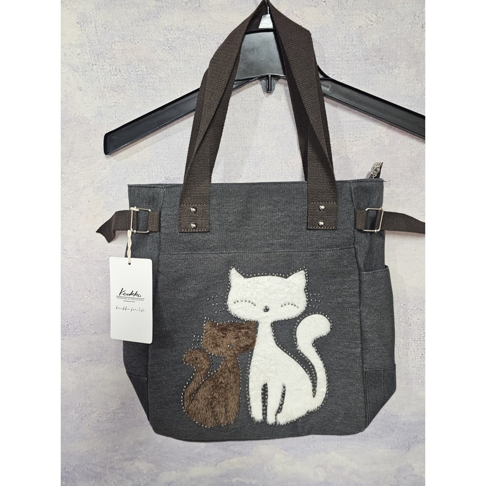 Canvas Tote Bag Cute Furry Cat Applique Bling Studded Shoulder Handbag KAUKKO